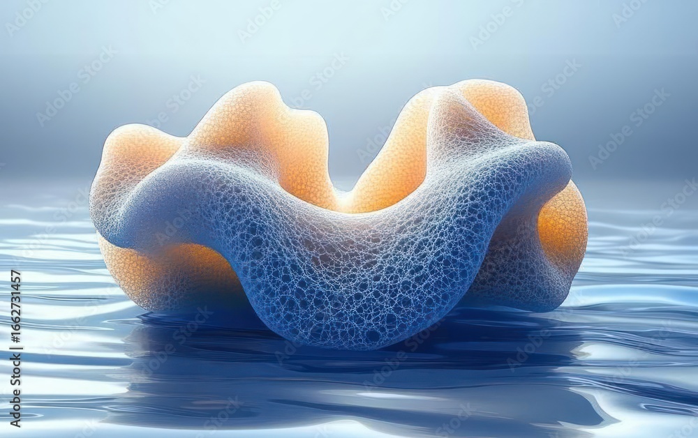 Poster curved porous abstract structure resembling organic material floating on smooth reflective surface w