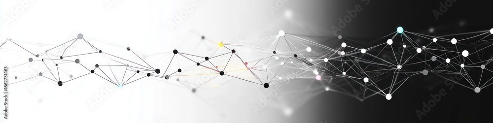 Poster abstract representation of connected nodes and lines forming a network pattern with white, black, an