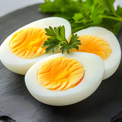 Sliced Boiled Eggs with Parsley Garnish on Plate
