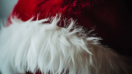 A close up shot of a santa hat with white fur trim against a dark red background in soft focus