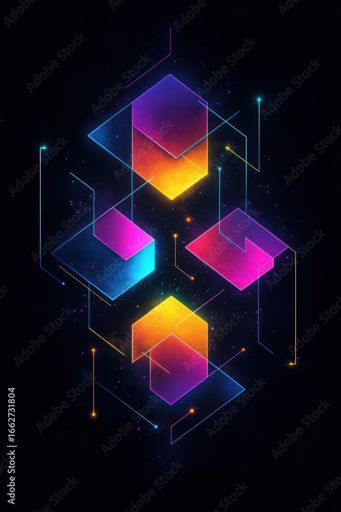 Poster colorful geometric shapes composed of glowing cubes and hexagons connected by neon lines on a dark s