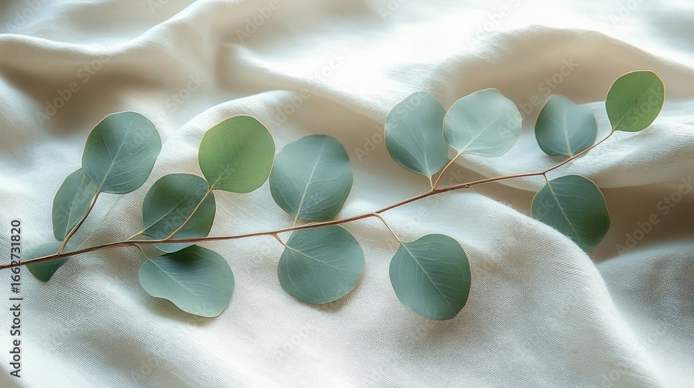 Poster single eucalyptus branch with round green leaves resting on soft white fabric background creating a 