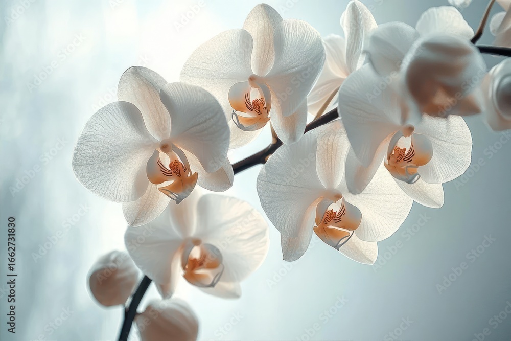 Poster delicate white orchids with soft lighting highlighting their intricate petals on a thin stem with a 