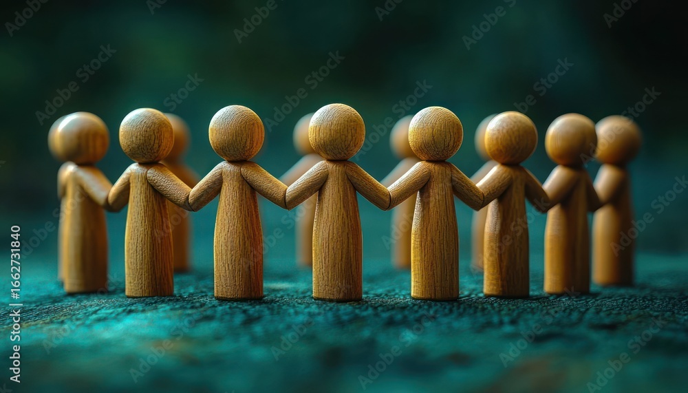 Poster row of wooden human figurines holding hands symbolizing unity and connection on a textured green sur