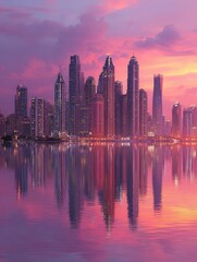 Fototapeta premium City skyline at sunset, reflected in water