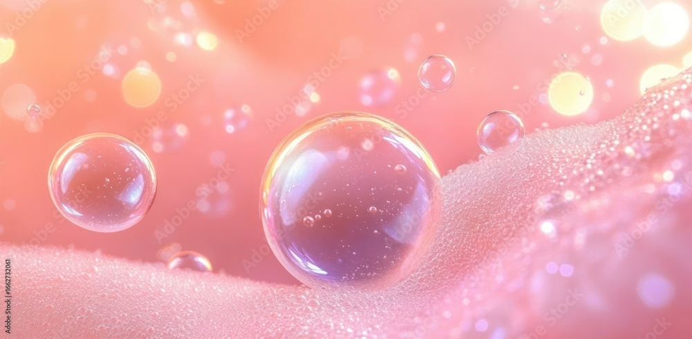 Poster close-up view of transparent water droplets on a soft, pink textured surface with a warm, glowing ba