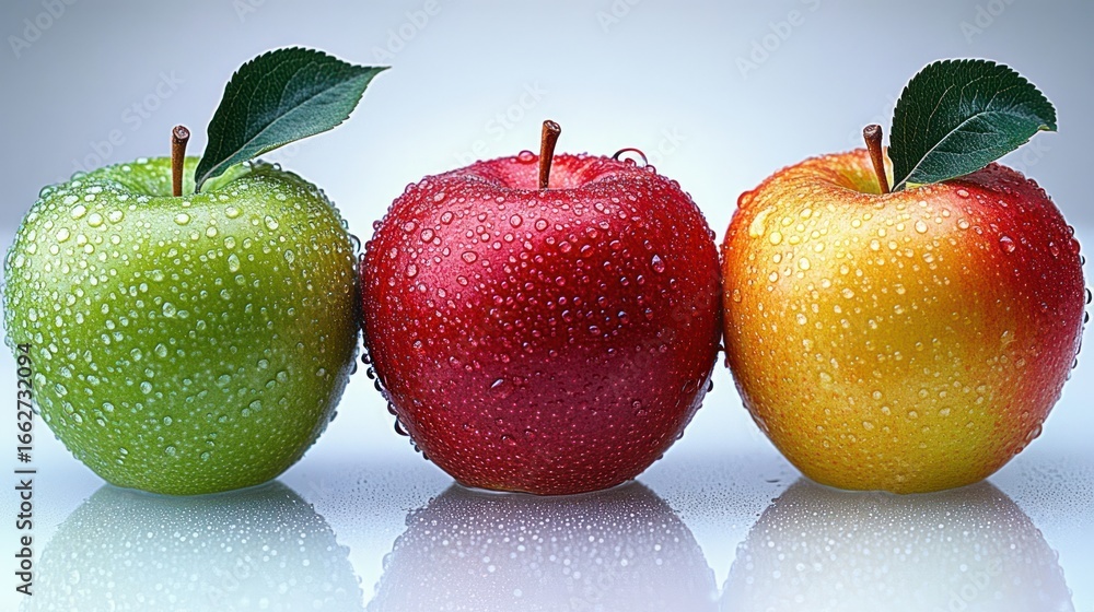 Poster three fresh apples with water droplets on their skin and a leaf attached, arranged in a row on a ref