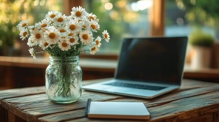 Fresh white daisies in a glass jar on a rustic wooden table next to an open laptop and a blank spiral notebook in warm natural light