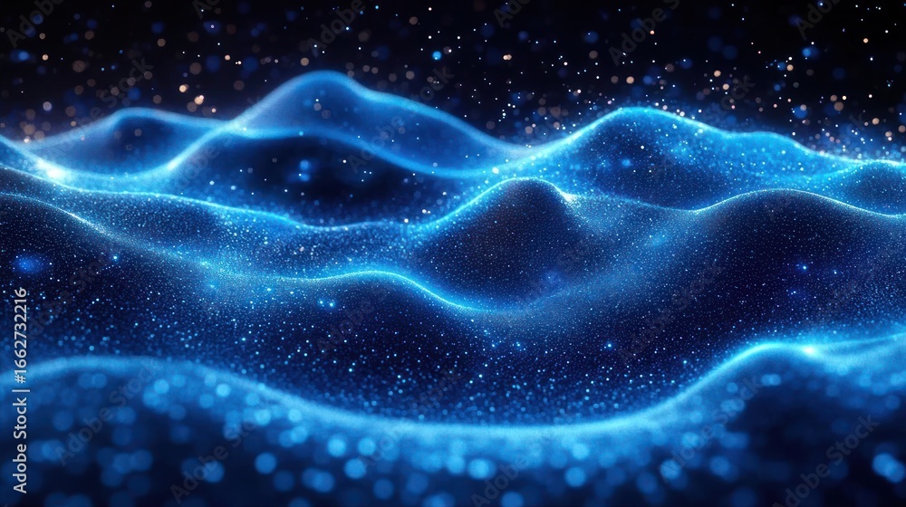 Poster glowing blue digital waveforms with sparkling light particles creating a futuristic and immersive at