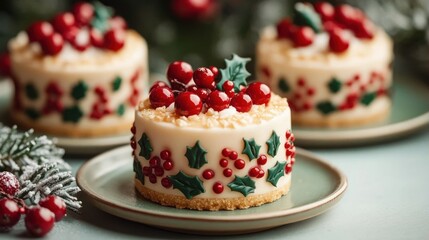 Festive mini cakes decorated with holly leaves and red berries on green plates, evoking a cheerful holiday atmosphere