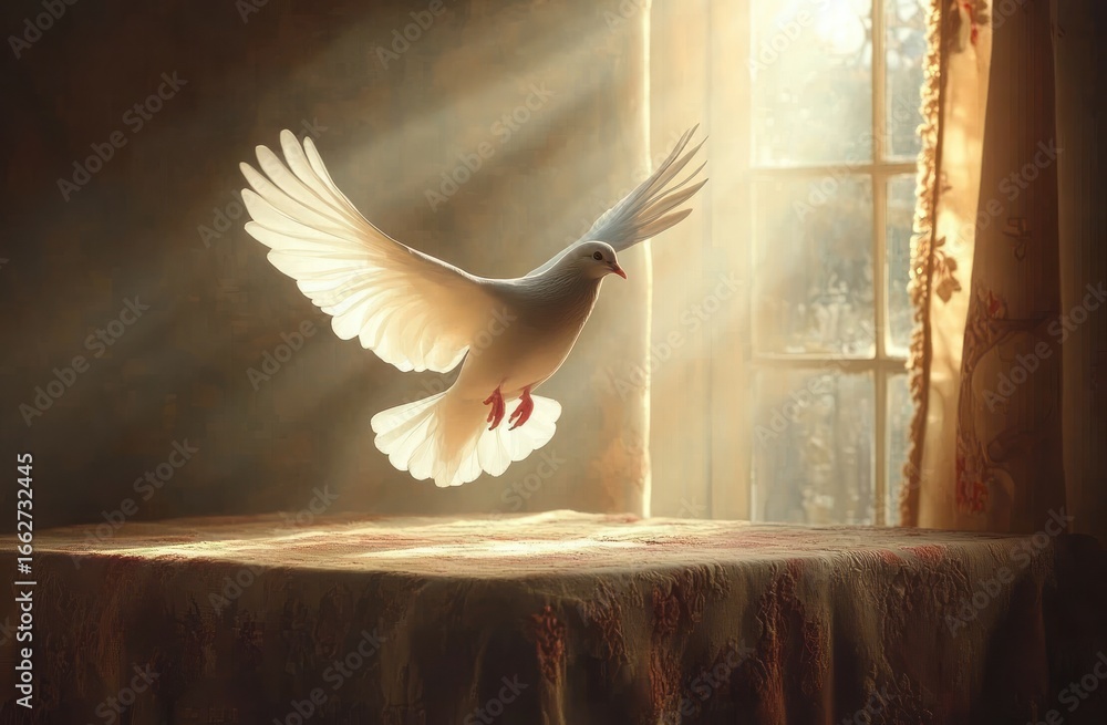 Poster white dove flying indoors above a table with sunlight streaming through a window and illuminating it