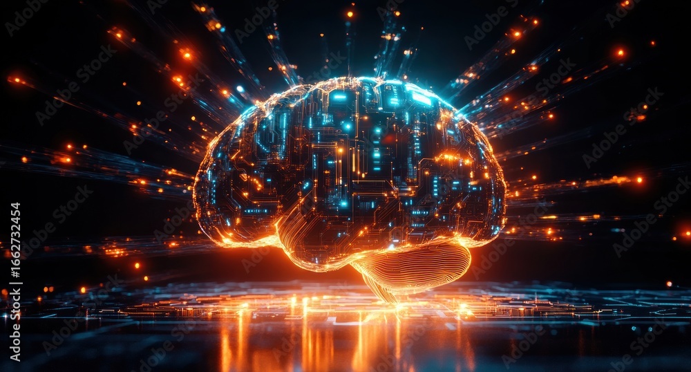 Poster digital glowing brain with circuitry patterns emitting blue and orange light rays over a reflective 