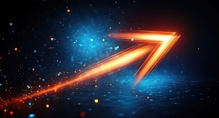 Glowing fiery orange arrow pointing upward and to the right over a blue glowing cosmic background with light particle effects