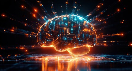Digital glowing brain with circuitry patterns emitting blue and orange light rays over a reflective surface in a dark space