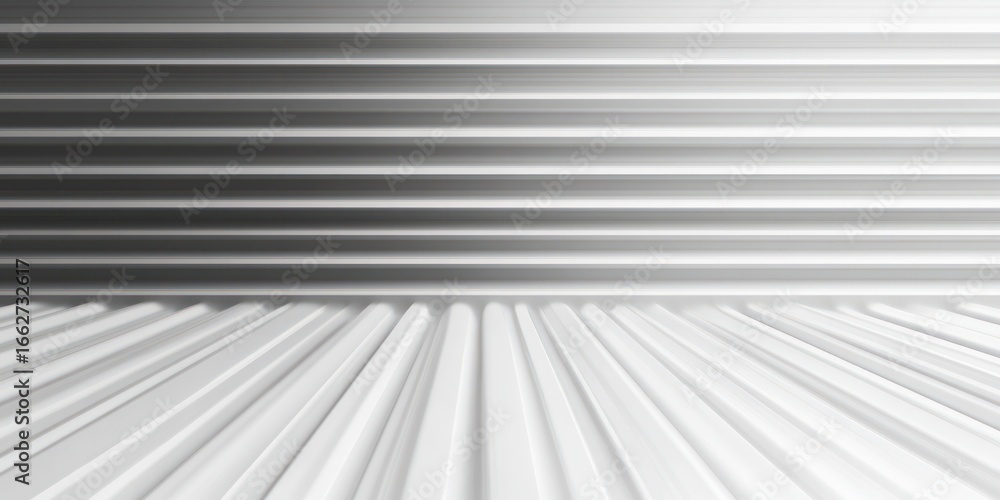 Poster minimalist space featuring white futuristic ribbed surface and matching horizontal ribbed background