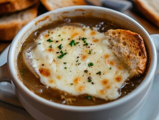 A bowl of French onion soup topped with melted cheese and a toasted baguette slice