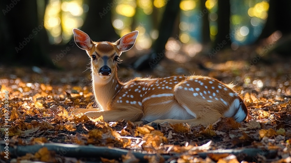 Poster young spotted deer resting calmly on the forest floor covered with autumn leaves with soft sunlight 
