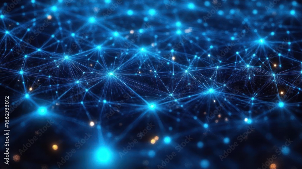 Poster abstract digital network of interconnected glowing blue nodes and lines on dark background conveying