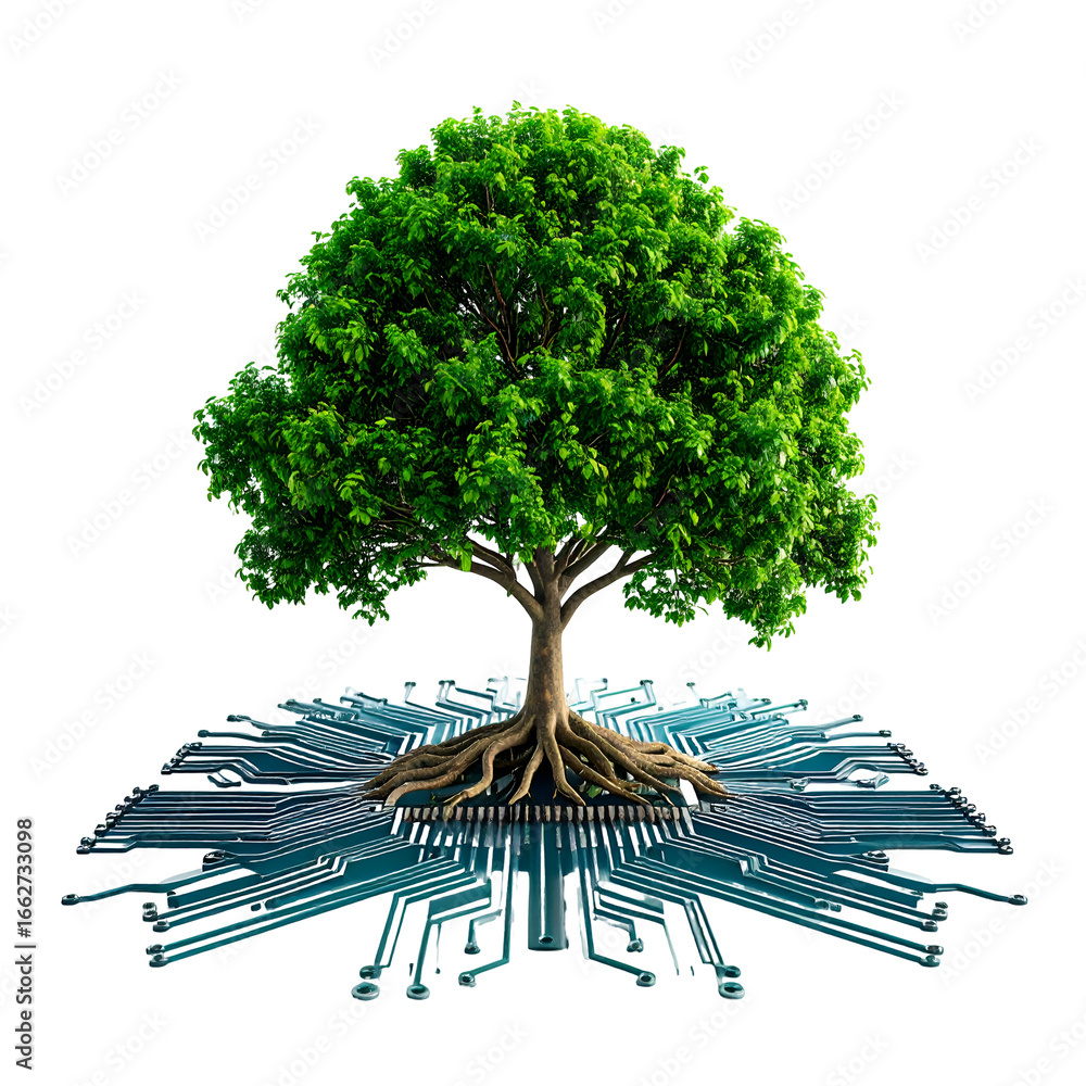 Poster green tree with roots embedded in a circuit board, symbolizing eco-friendly technology