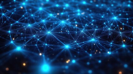 Fototapeta premium Abstract digital network of interconnected glowing blue nodes and lines on dark background conveying connectivity and data flow
