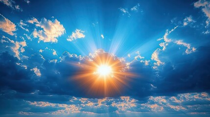 Bright sunburst shining through dramatic clouds in a vibrant blue sky creating a radiant and uplifting atmosphere