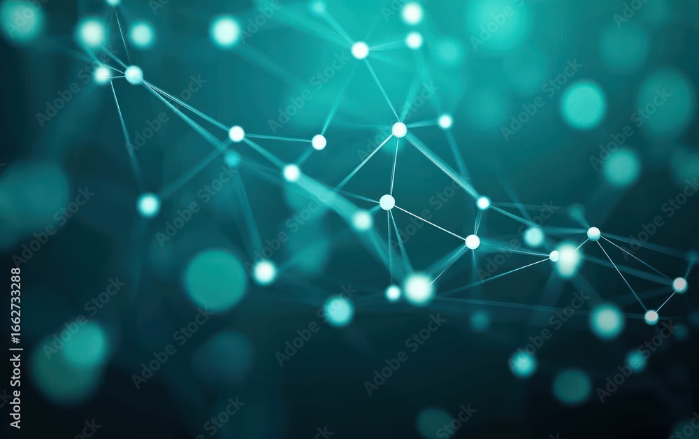 Poster abstract network of interconnected glowing nodes and lines on a blurred blue-green background repres