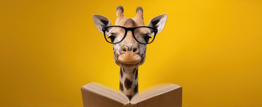 The giraffe wearing glasses reading a book against a bright yellow background.