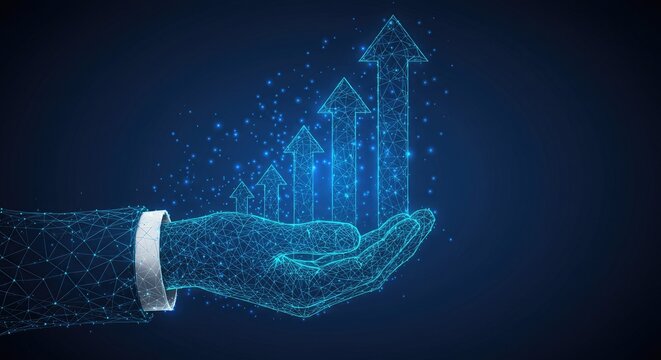 Abstract digital hand of businessman holding upward arrows, symbolizing success, growth, and business strategy in futuristic low-poly wireframe style on a blue tech background.
