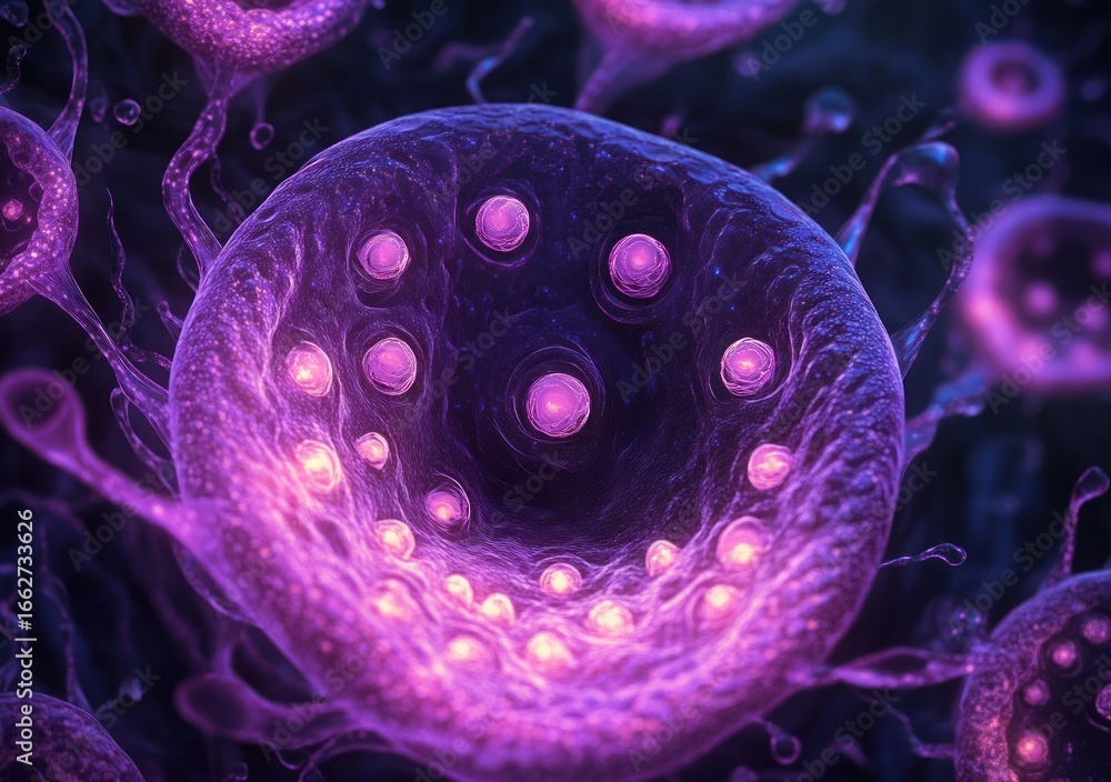 Aufkleber close-up view of glowing purple microscopic cells with intricate spherical structures inside, exhibi