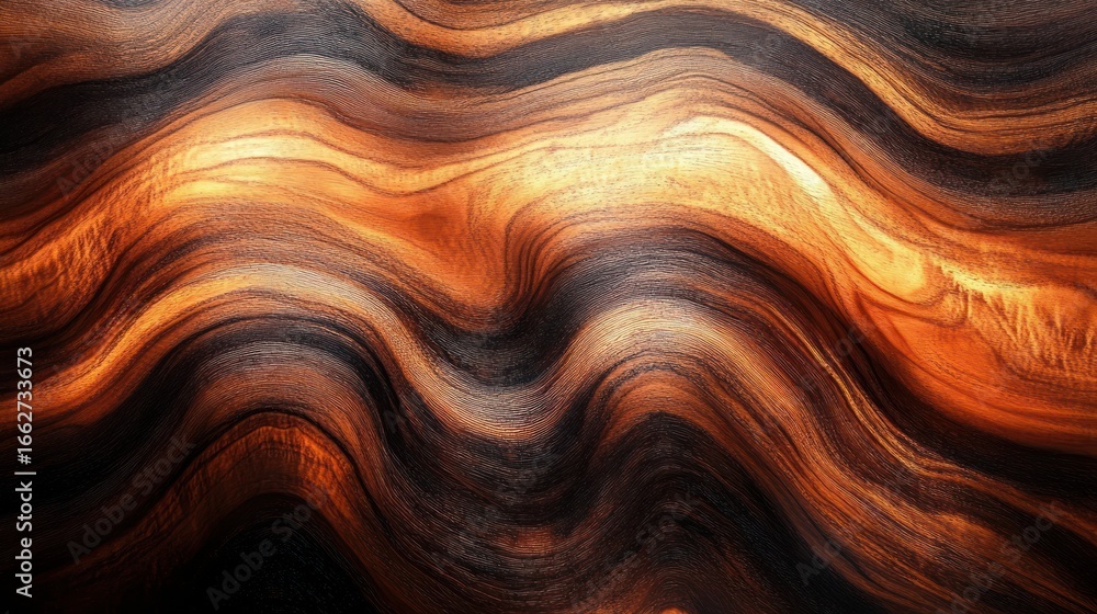 Poster abstract wavy layers of textured wood with warm orange and dark brown tones creating flowing and dyn