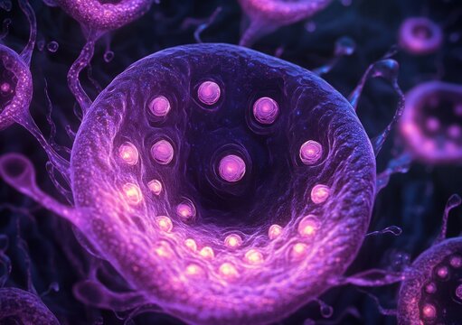Close-up view of glowing purple microscopic cells with intricate spherical structures inside, exhibiting a complex and mysterious biological texture