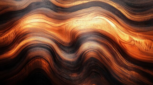abstract wavy layers of textured wood with warm orange and dark brown tones creating flowing and dynamic movement