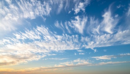 Obraz premium A breathtaking view of cirrus clouds against a vibrant blue sky, transitioning to soft orange hues at the horizon