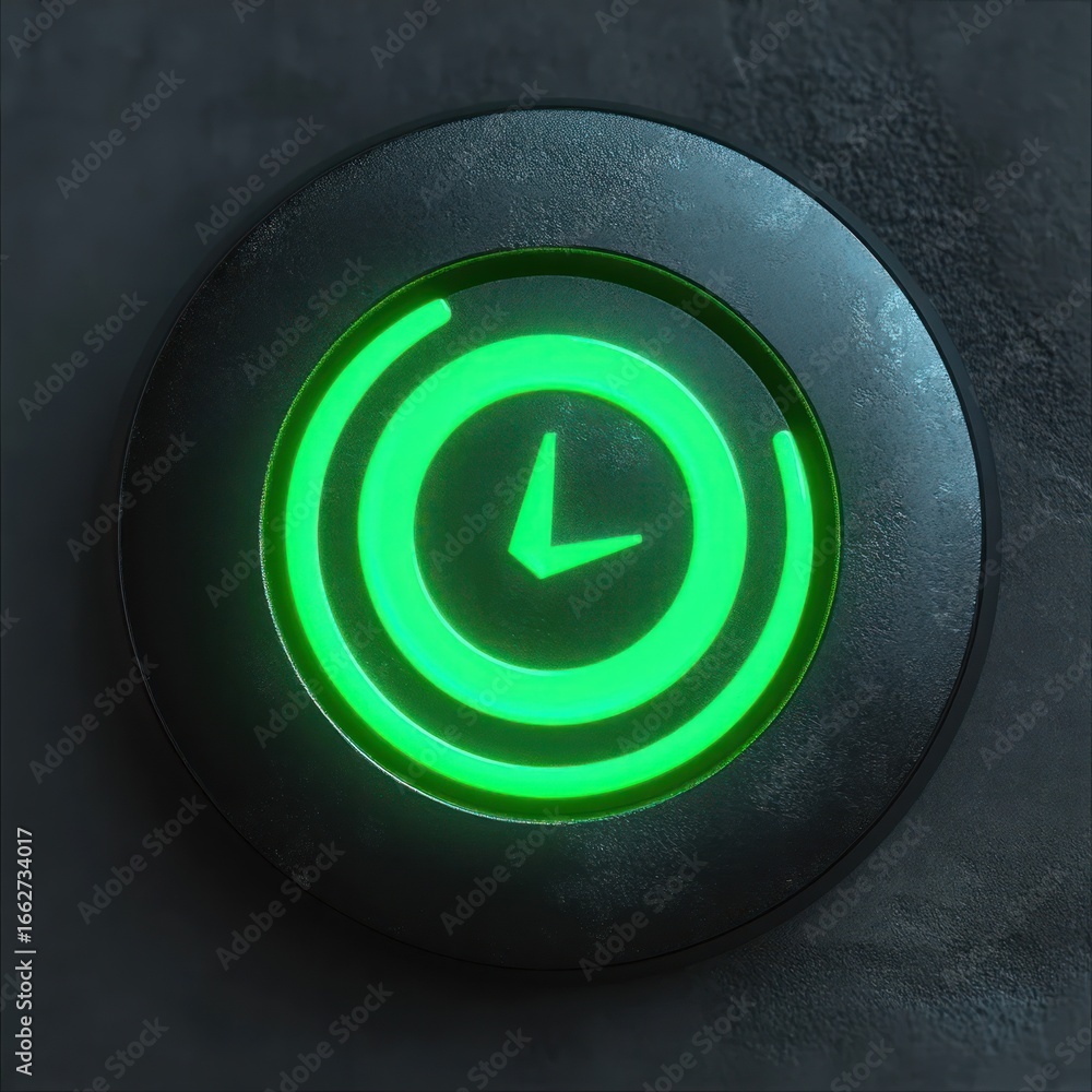 Poster glowing green circular clock icon with stylized curved lines on dark textured background conveying f