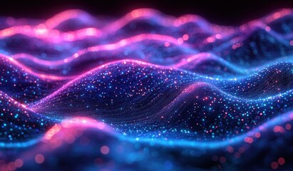 Abstract digital wave pattern with glowing blue and pink particles forming smooth undulating surface on dark background