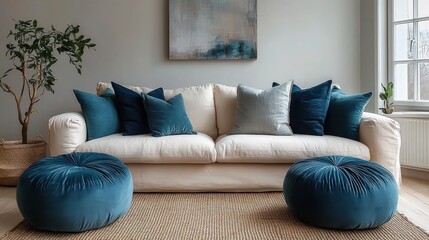 Fototapeta premium Cozy modern living room with a white sofa adorned with multiple blue and gray cushions, two matching blue round ottomans, a large leafy plant in a woven basket, textured rug, and abstract wall art