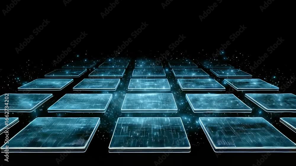 Poster digital futuristic interface featuring glowing blue transparent panels floating in space, showcasing