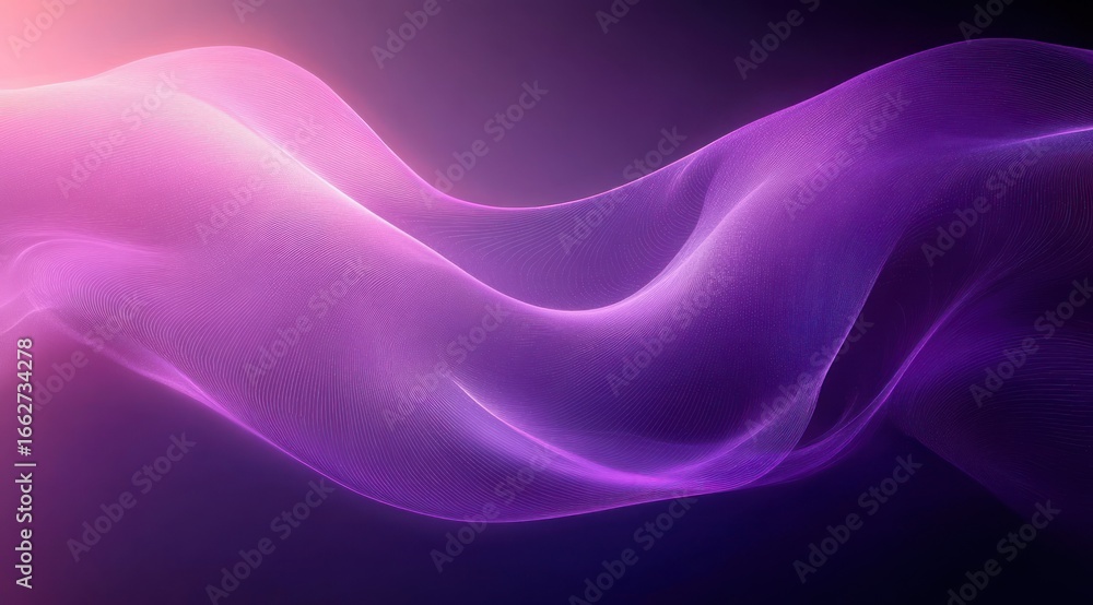 Poster abstract flowing purple and pink wave with smooth, silky texture on dark background creating a calmi