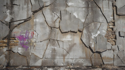 Textured facade of a weathered urban wall with cracked concrete and traces of old paint showing decay.