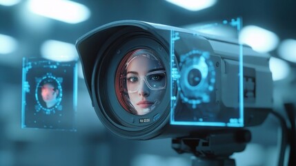 Close-up of a security camera lens with a futuristic digital interface displaying a woman's face and biometric scanning elements, evoking advanced surveillance technology and focused observation