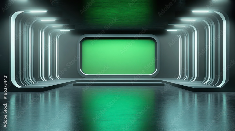 Poster futuristic symmetrical corridor with glowing white lights and a large green illuminated rectangular 
