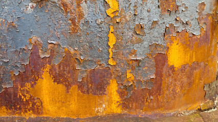 Abstract Close-Up of Weathered Metal Showing Rust, Peeling Paint, and Textural Details