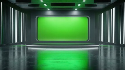 futuristic studio room with large green screen center stage illuminated by vertical white LED lights with reflective floor and modern design