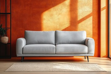 Fototapeta premium Modern grey sofa against a textured orange wall with natural sunlight casting geometric shadows on the wall and light wooden floor with beige rug