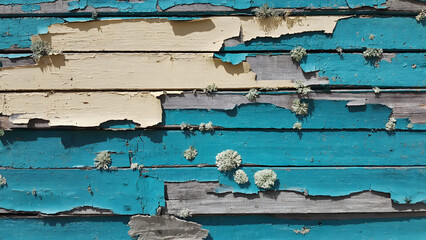 Weathered wooden planks with vibrant teal and yellow paint peeling, revealing textured decay and natural lichen growth.