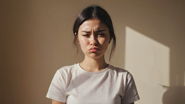 Disappointed young woman looking at the camera with a frowning expression, isolated on beige background