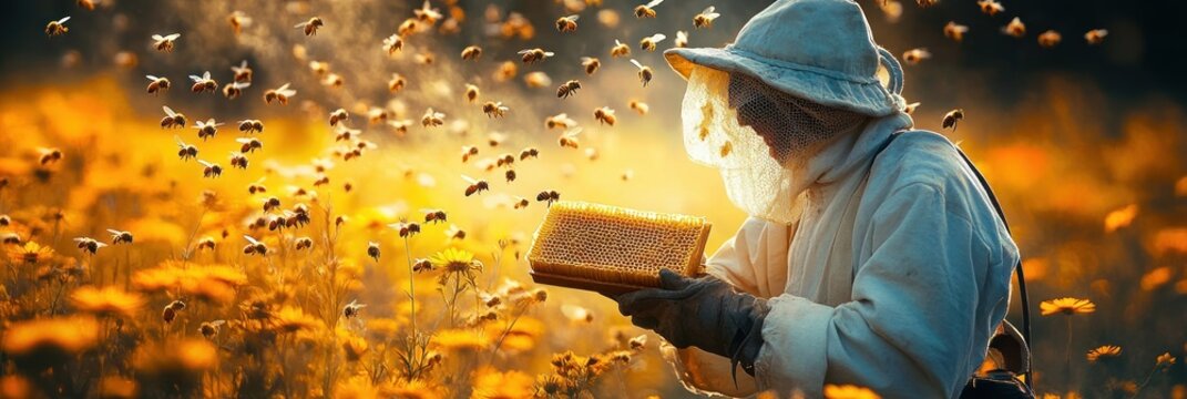 Beekeeper in protective clothing holding honeycomb surrounded by flying bees in a vibrant orange flower field at golden hour - Powered by Adobe