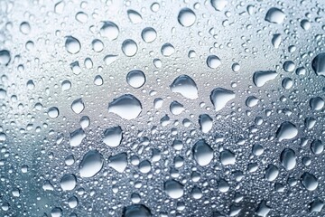 Close-up of numerous water droplets of varying sizes on a smooth glass surface creating a fresh and cool atmosphere