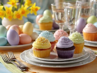 Colorful cupcakes and pastel eggs on a table setting