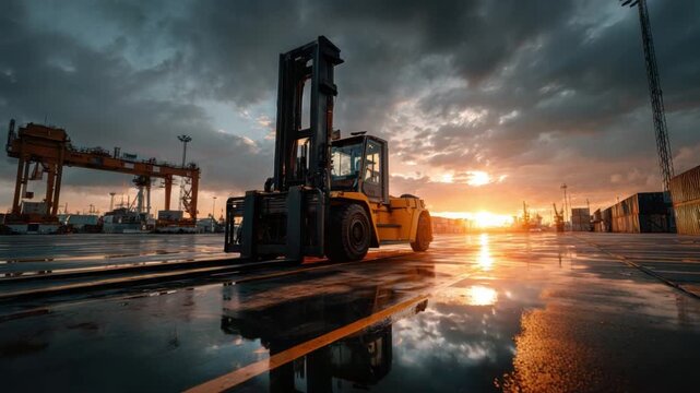 Industrial Sunrise: A powerful forklift stands silhouetted against the vibrant glow of sunrise, amidst the backdrop of an active cargo port